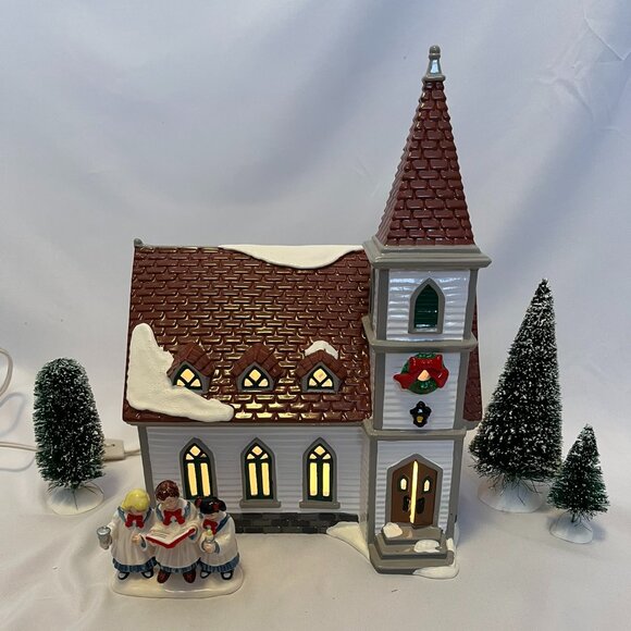 Department 56 Other - Department 56 Snow Village – Shady Oak Church (1994) w/ Trees and Carolers